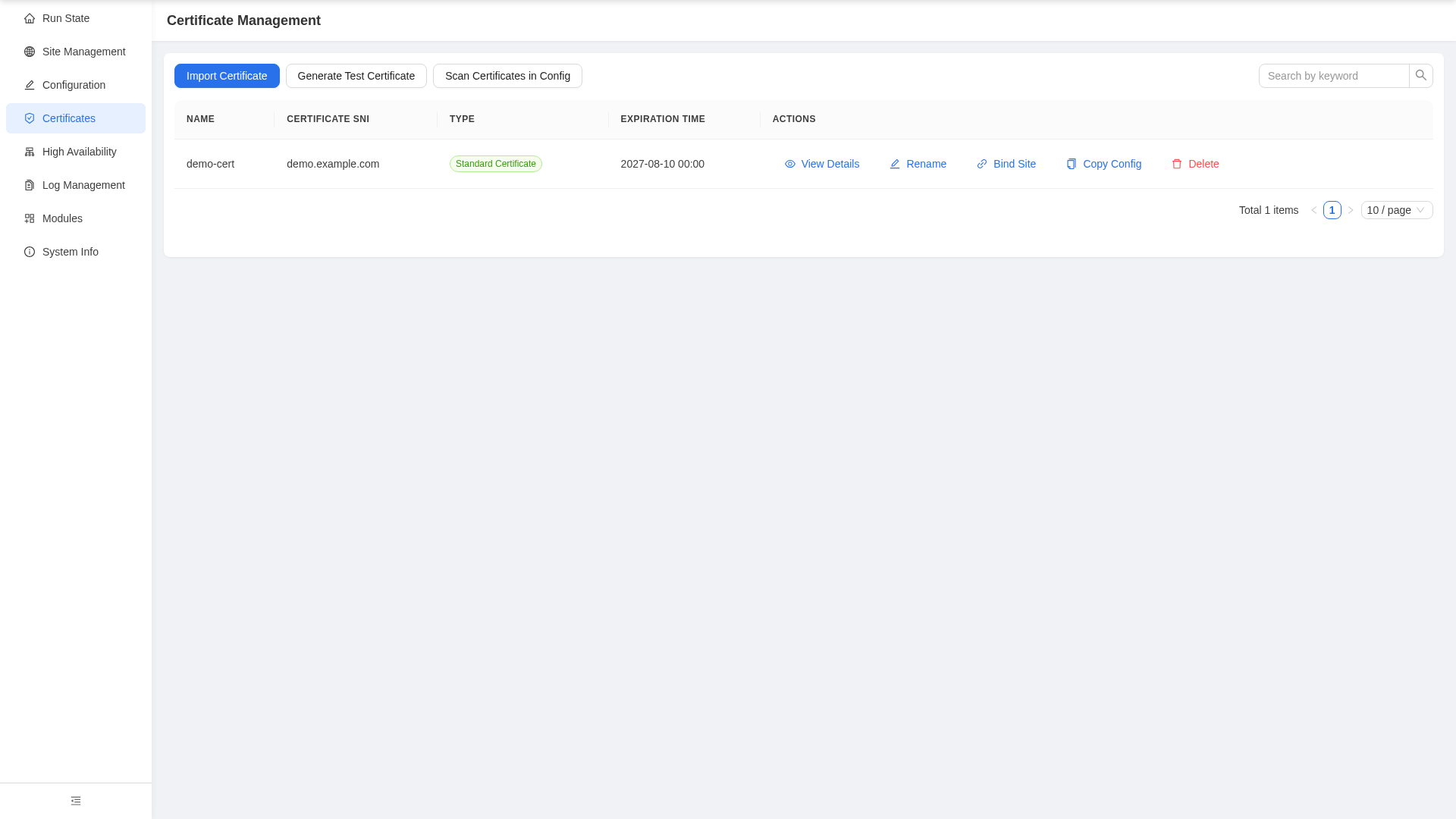 Certificate Management page