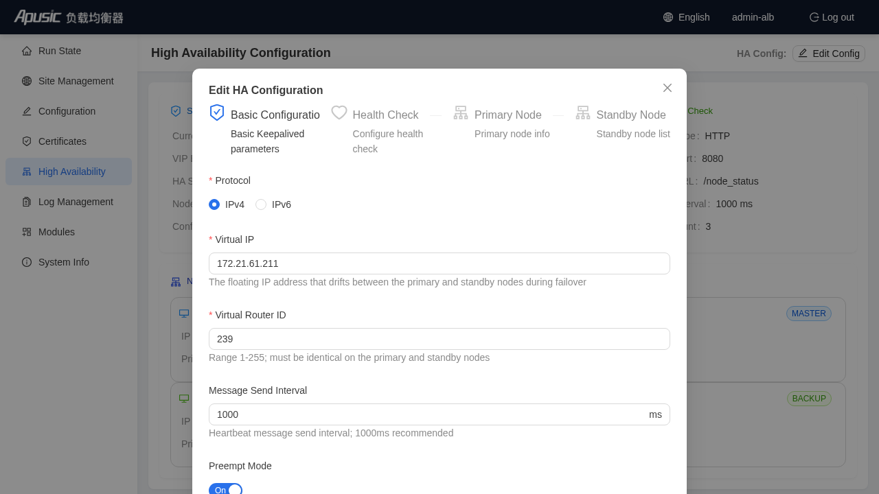 HA creation - Basic Configuration filled in
