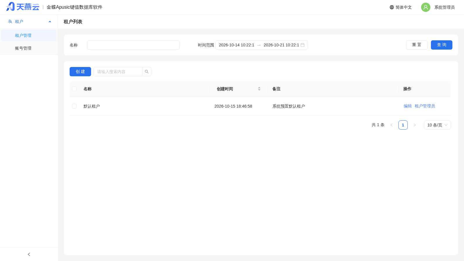 系统管理员主控台 - 租户列表