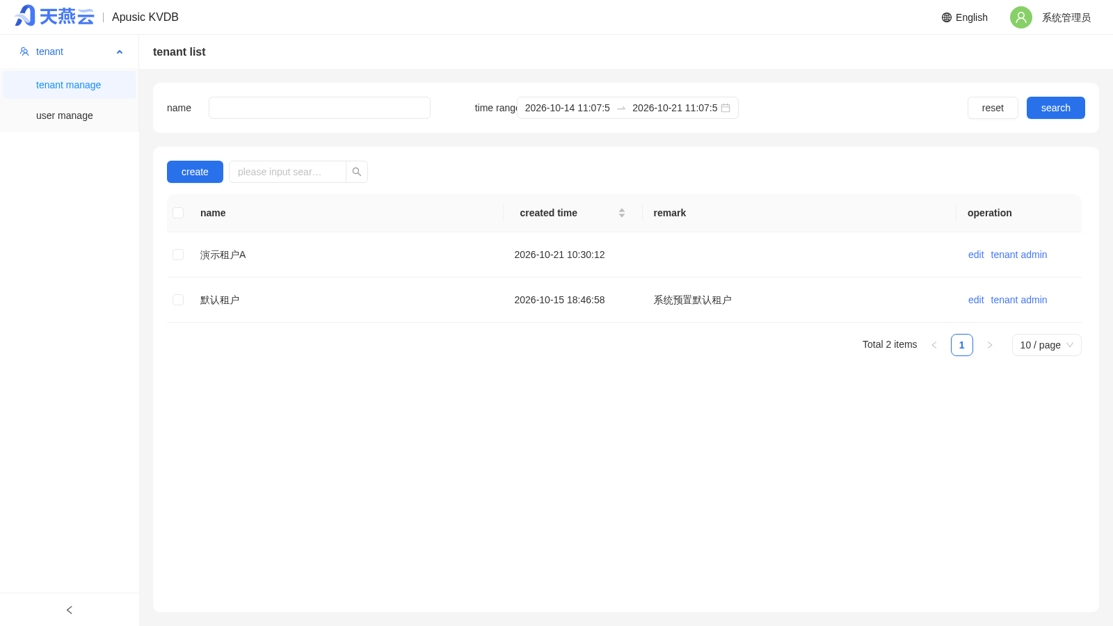 System Administrator - Tenant List After Creation (including the new "demo-tenant-A")