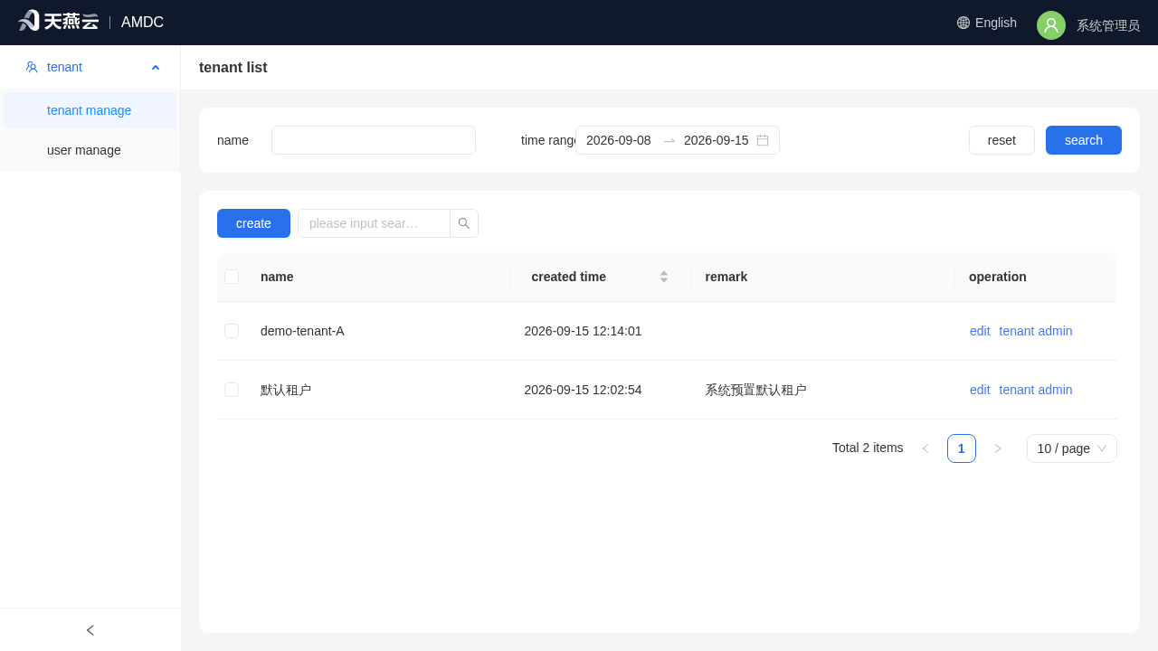 System Administrator - Tenant List After Creation (including the new "demo-tenant-A")