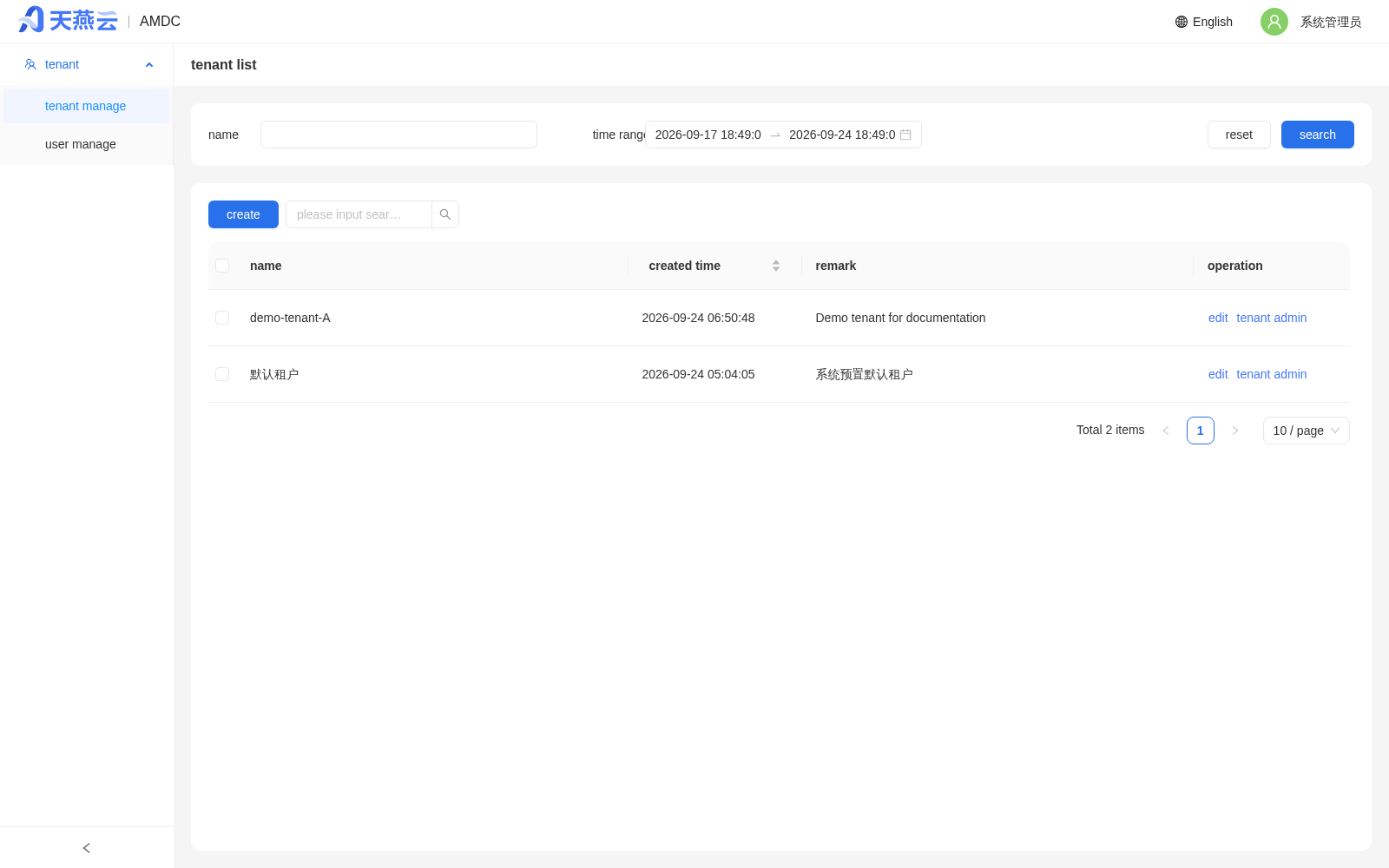 System Administrator - Tenant List After Creation (including the new "demo-tenant-A")