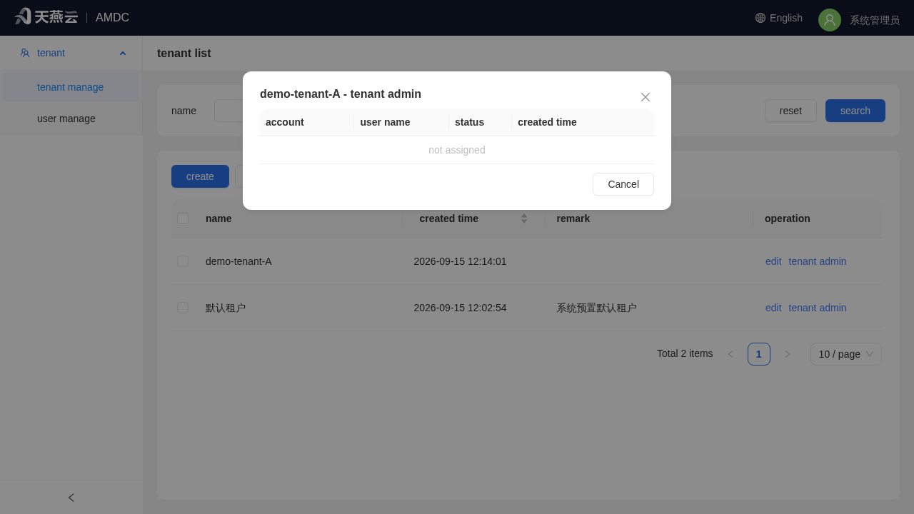 Tenant Administrator Account Dialog (view tenant administrators per tenant)