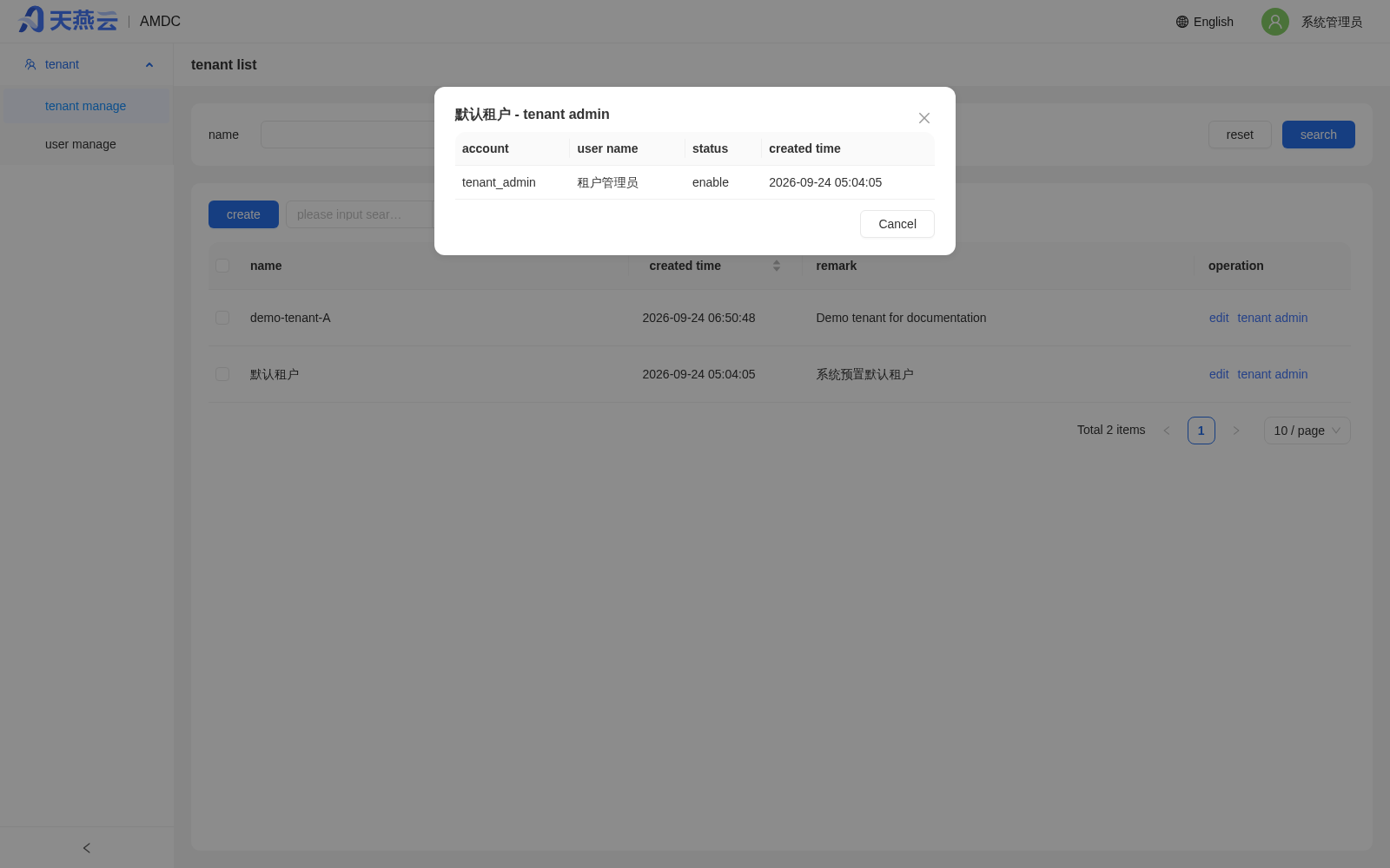Tenant Administrator Account Dialog (view tenant administrators per tenant)