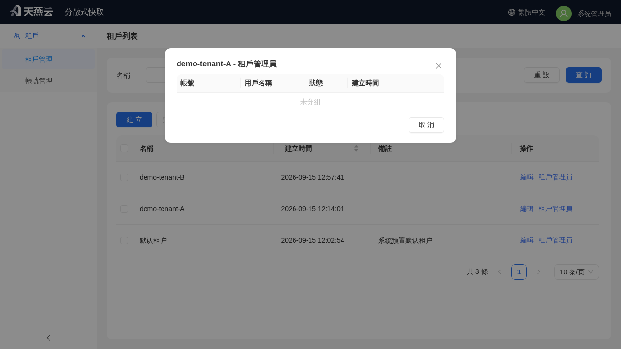 租戶管理員賬號對話框(按租戶查看其管理員賬號)