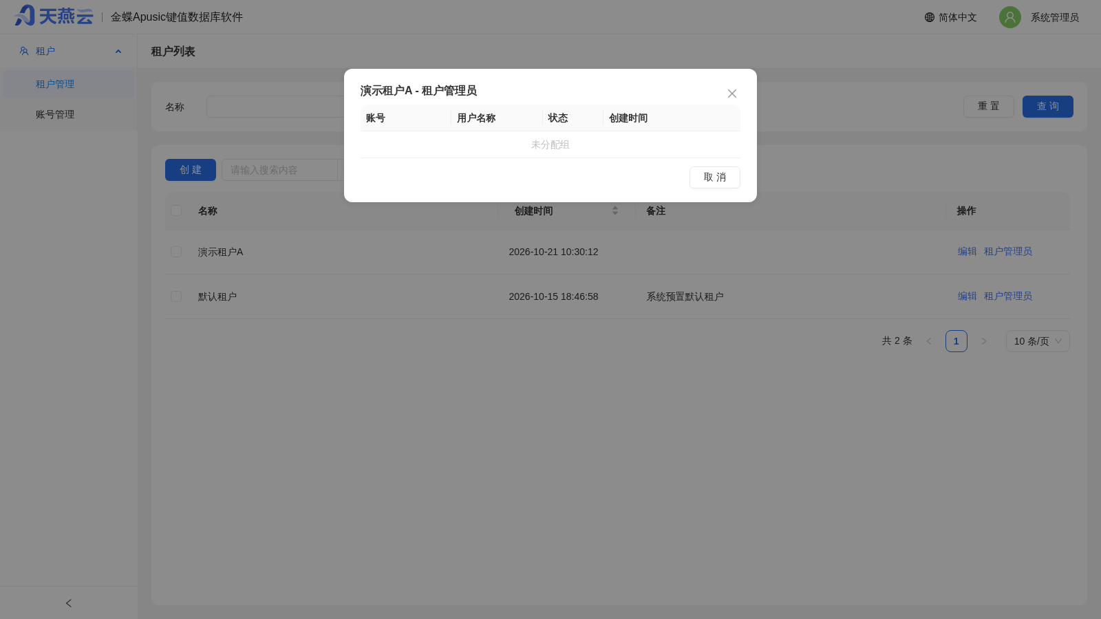 租户管理员账号对话框(按租户查看其管理员账号)