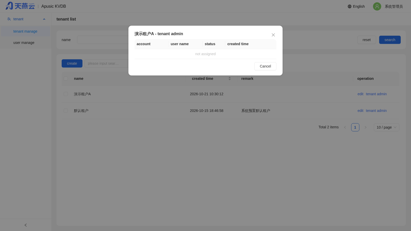 Tenant Administrator Account Dialog (view tenant administrators per tenant)