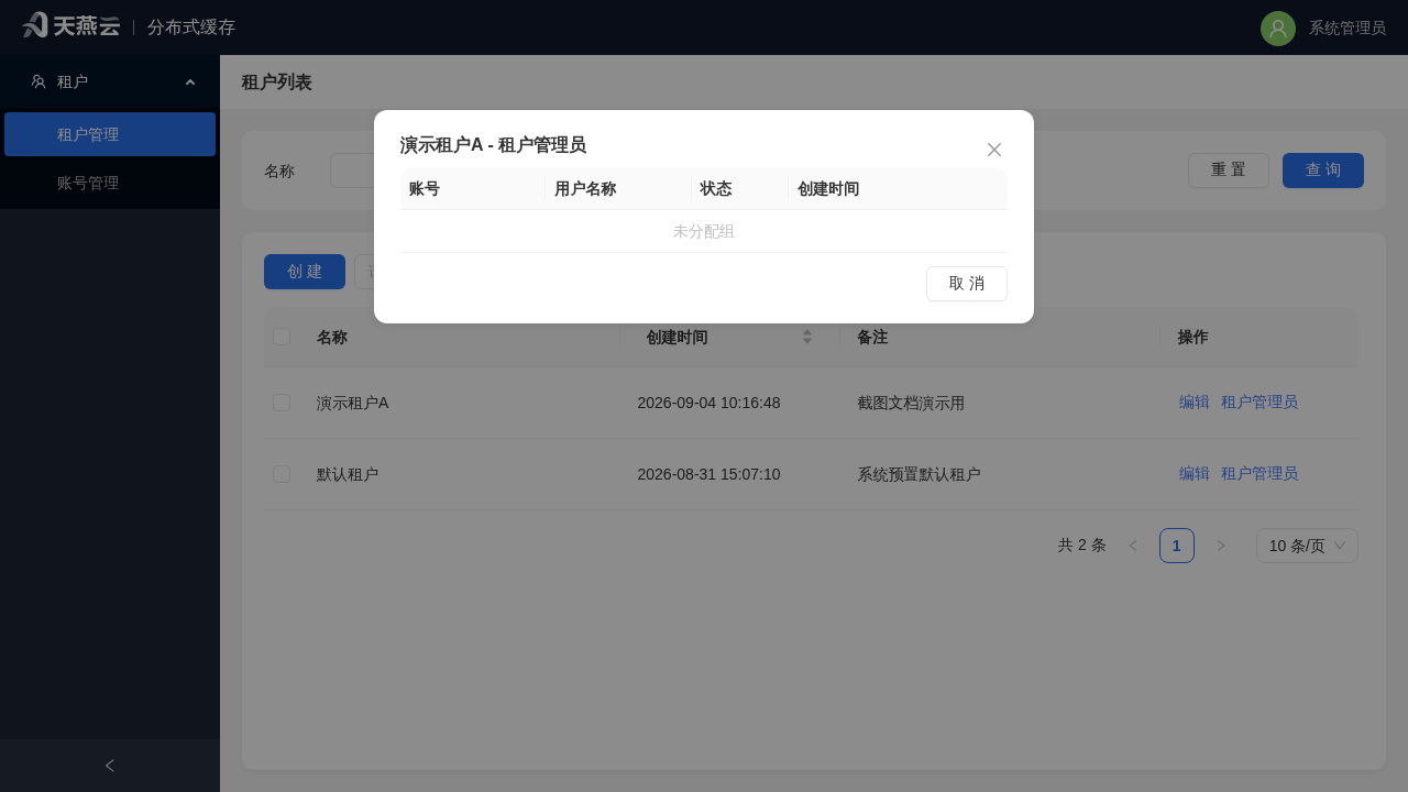 租户管理员账号对话框(按租户查看其管理员账号)