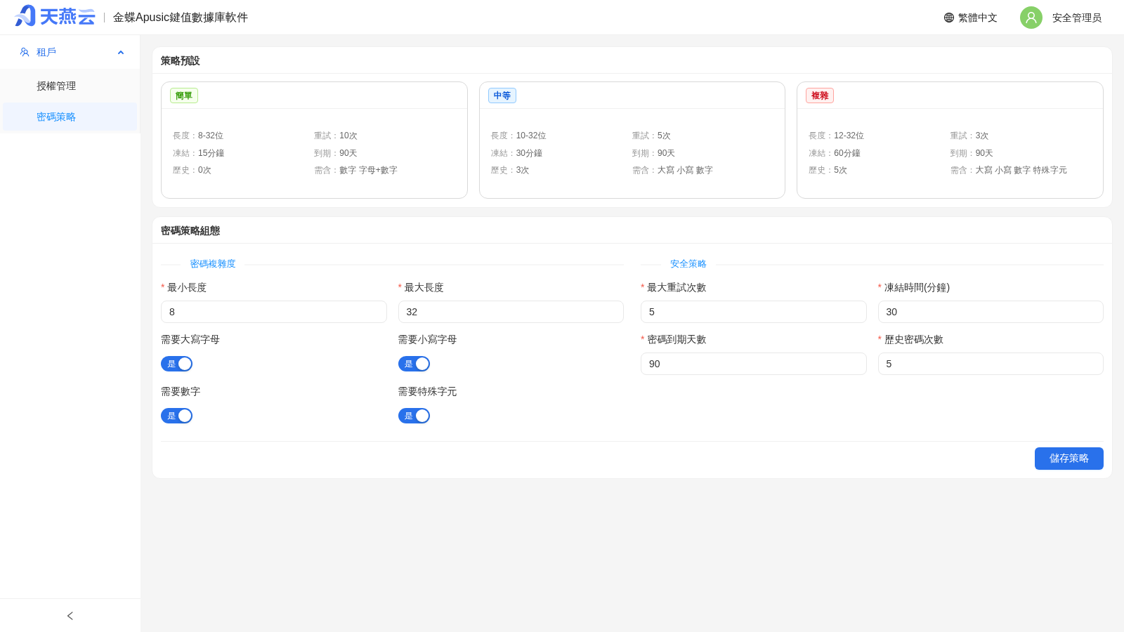 安全管理員 - 密碼策略配置頁(預設檔 + 密碼複雜度 / 安全策略)