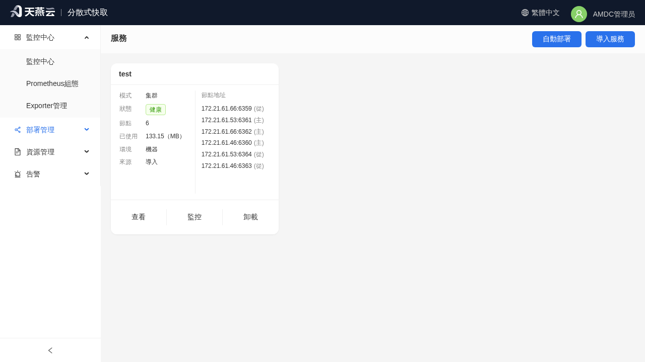 AMDC 管理員主菜單(監控中心 / 部署管理 / 資源管理 / 告警)