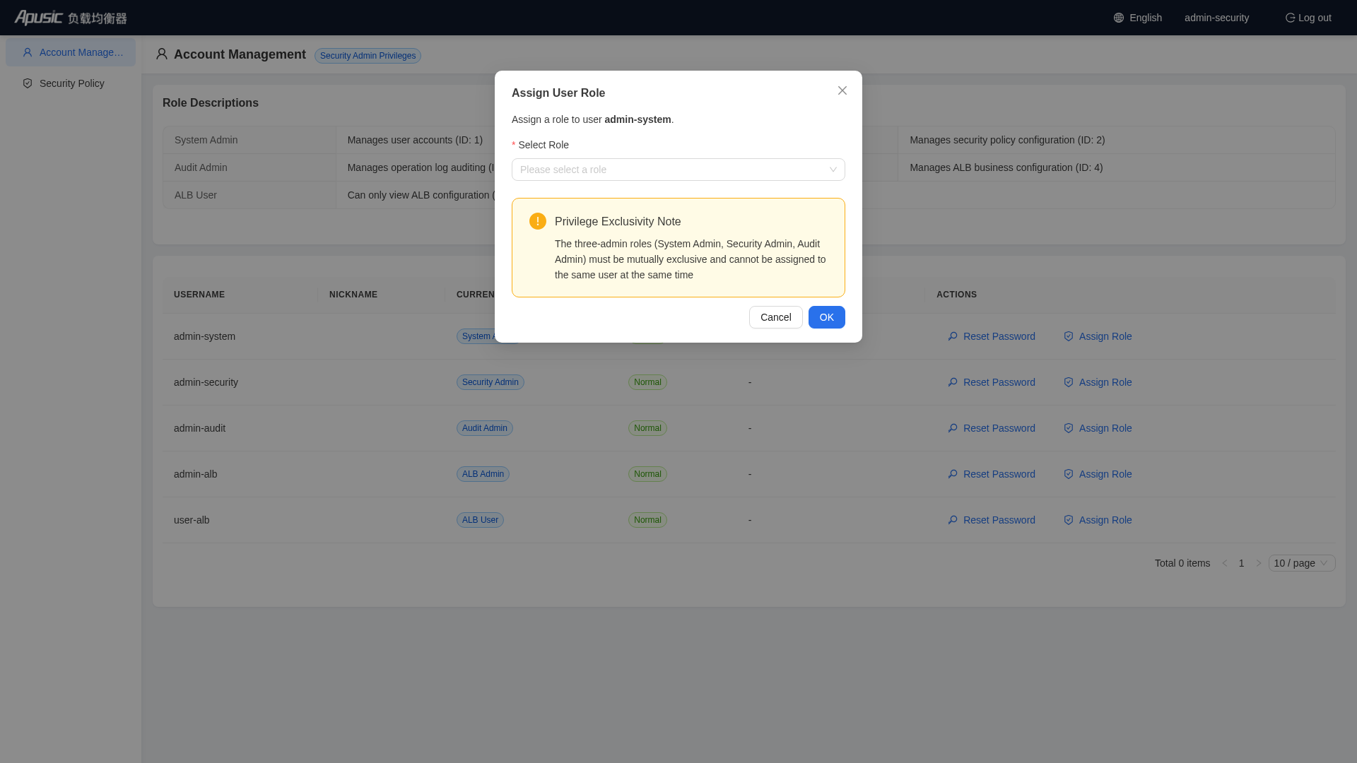 Assign Role dialog