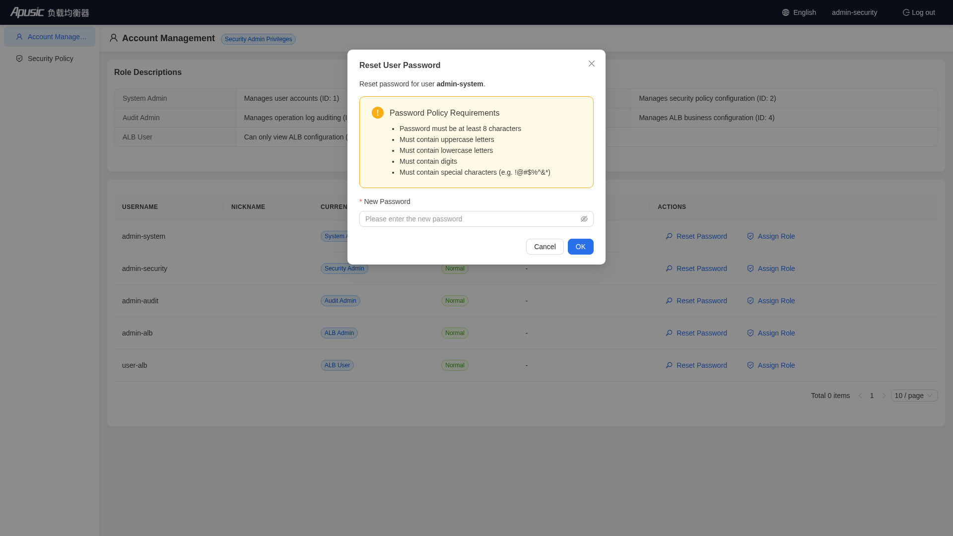 Reset Password dialog