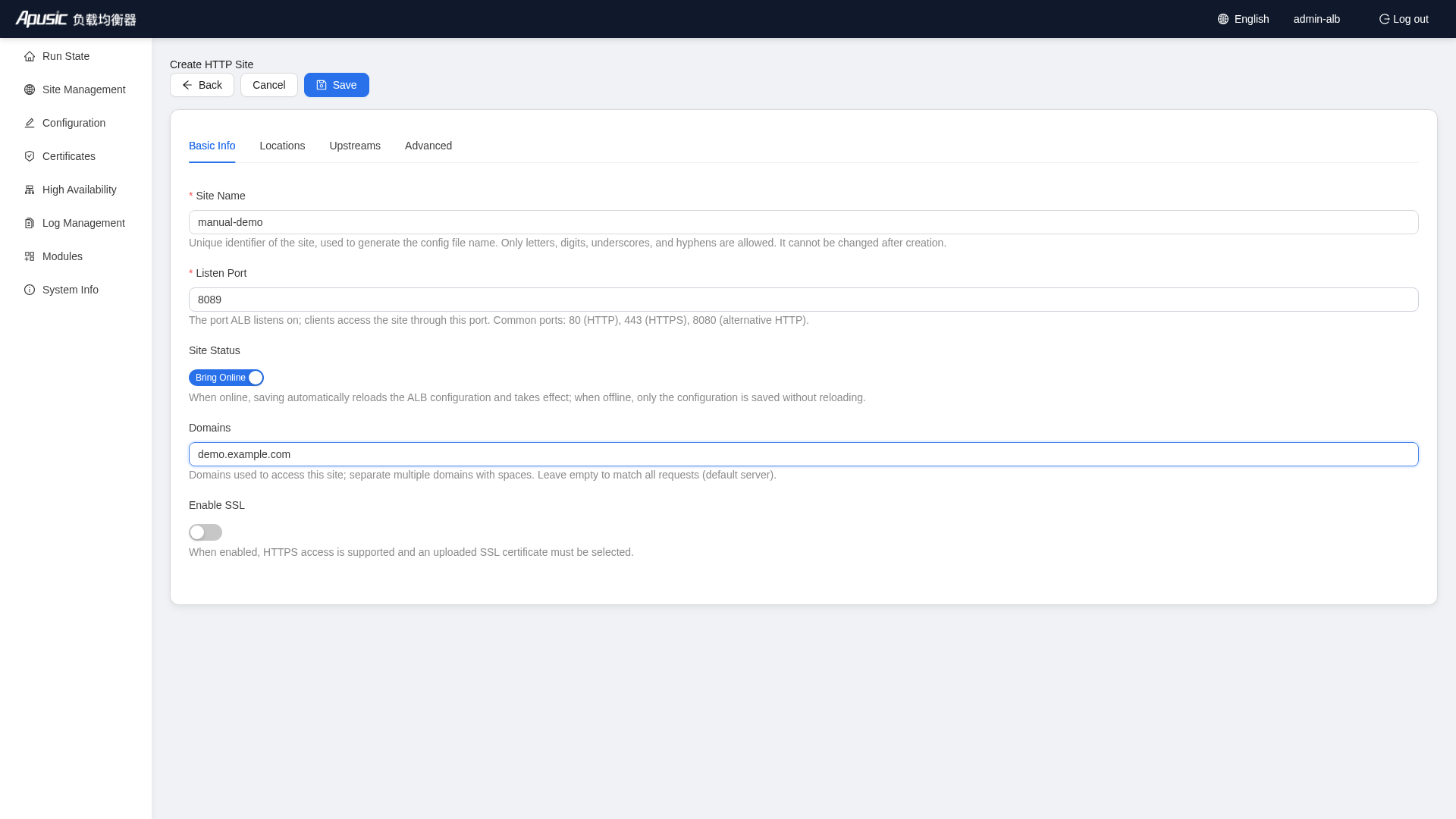 HTTP site - Basic Info filled in