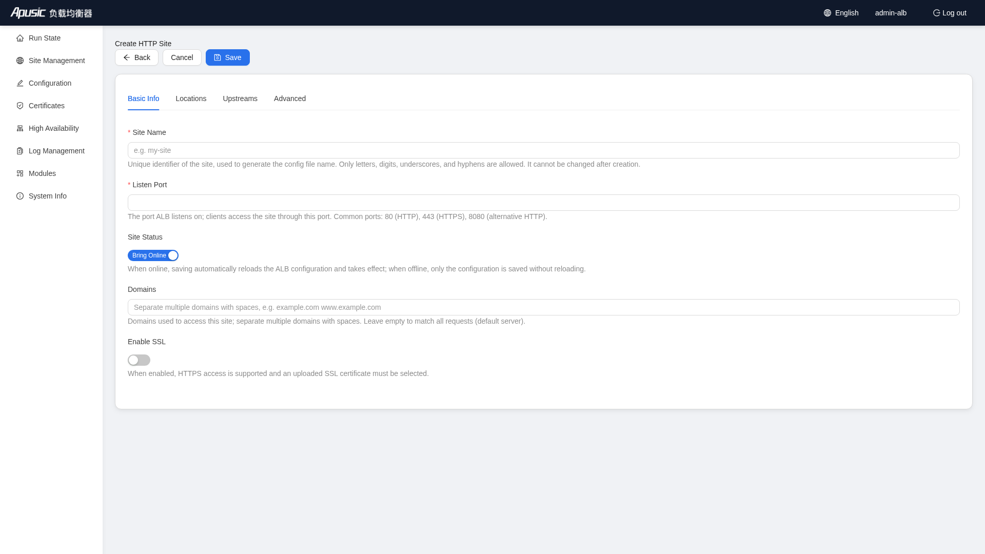 HTTP site editor - Basic Info